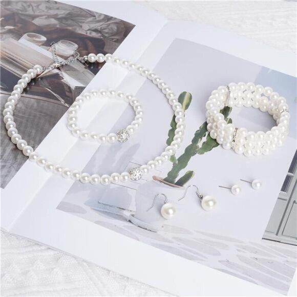 Classic Pearl Jewelry Set – Necklace, Bracelets, and Earrings Collection - Picture 4 of 8